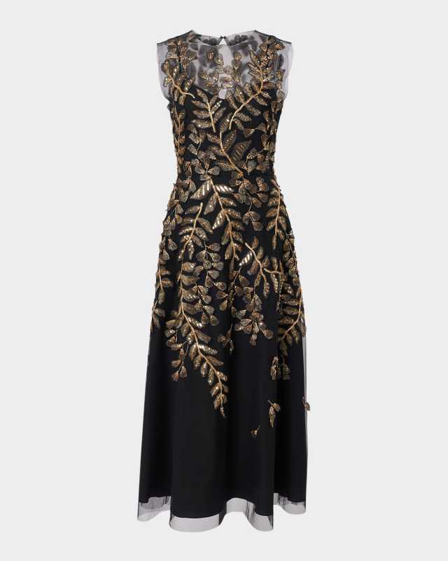 Gold Leaf-Embroidered Tulle Sleeveless Midi Dress